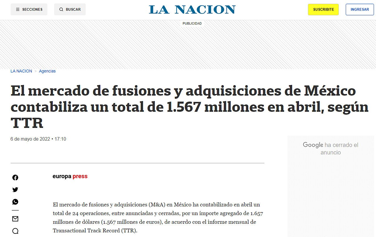 El mercado de fusiones y adquisiciones de Mxico contabiliza un total de 1.567 millones en abril, segn TTR